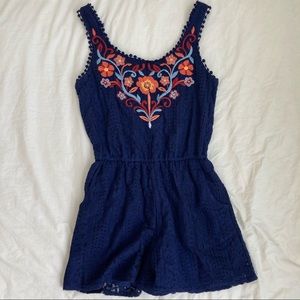Navy Lace & Floral Embroidered Tank Top Romper